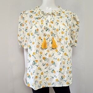 Voy Womens Blouse Top L Embroidered Eyelet Floral Puff Sleeve Cottage Boutique